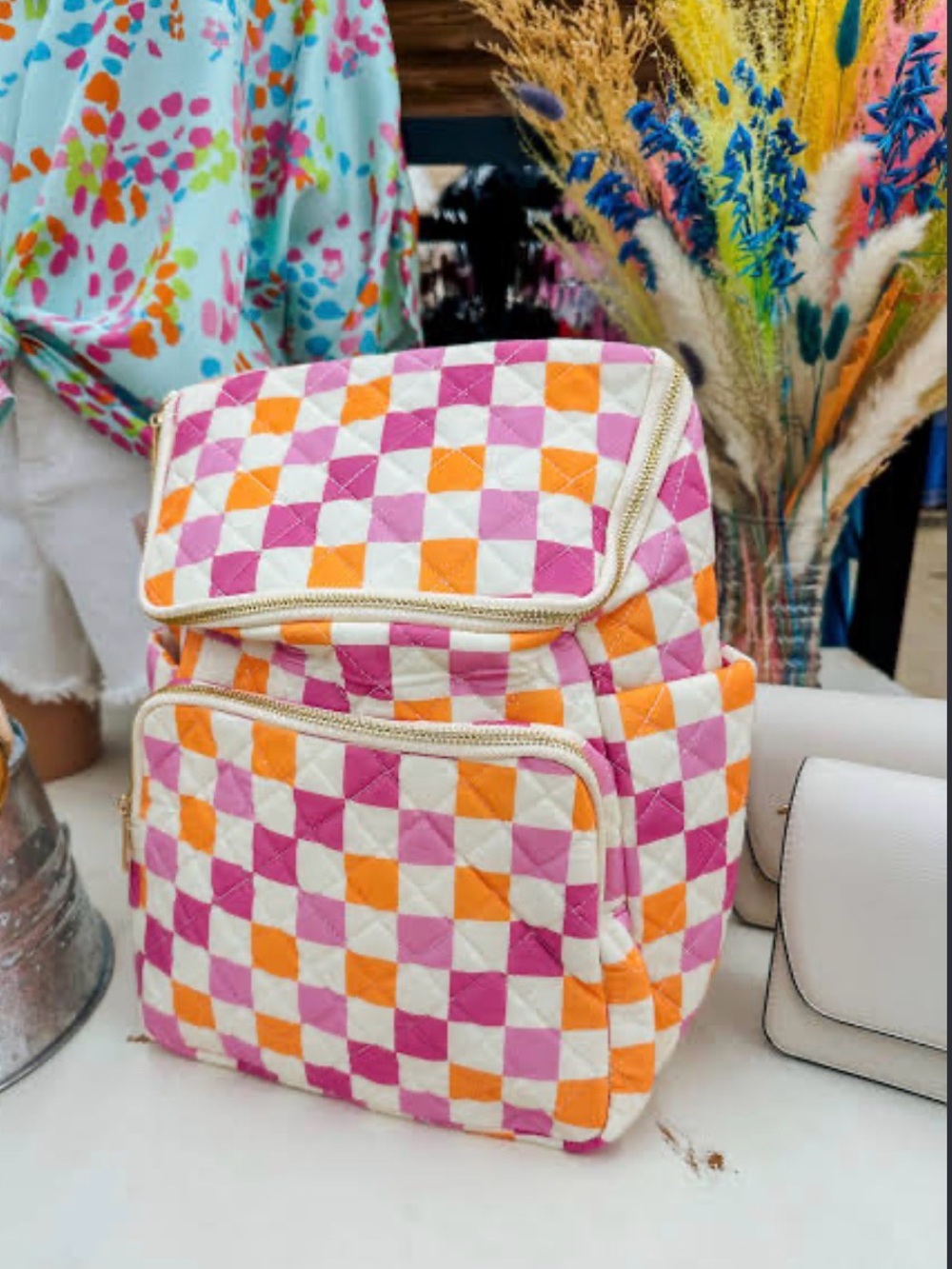 Mugsby Pink Orange Mini Checkerboard Insulated Backpack